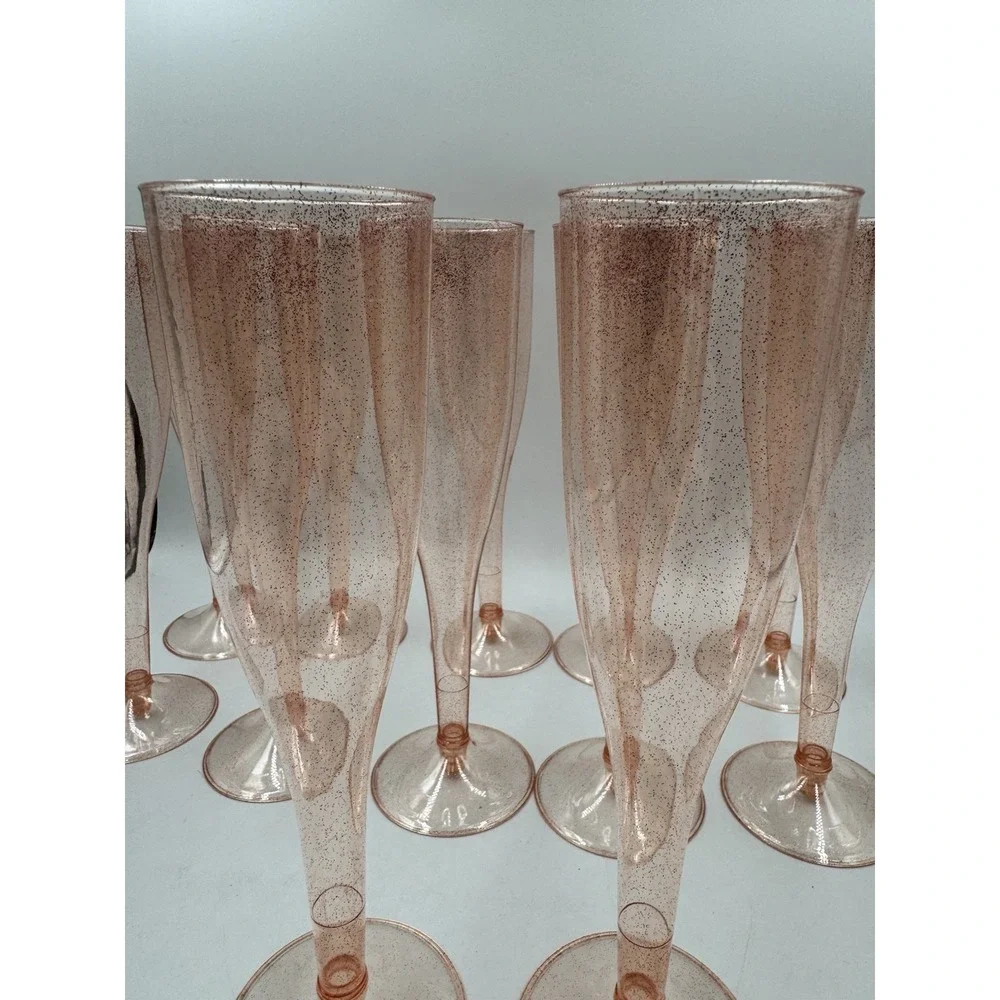 Set Of 14 Rose Gold Pink Disposable Glitter Plastic Champagne Glasses